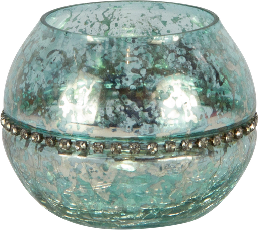 [21104A20] Windlicht mit Strassband 7,5 x Ø 10 cm Glas türkis