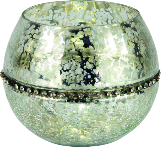 [21105A99] Windlicht mit Strassband 9,5 x Ø 12 cm Glas silber
